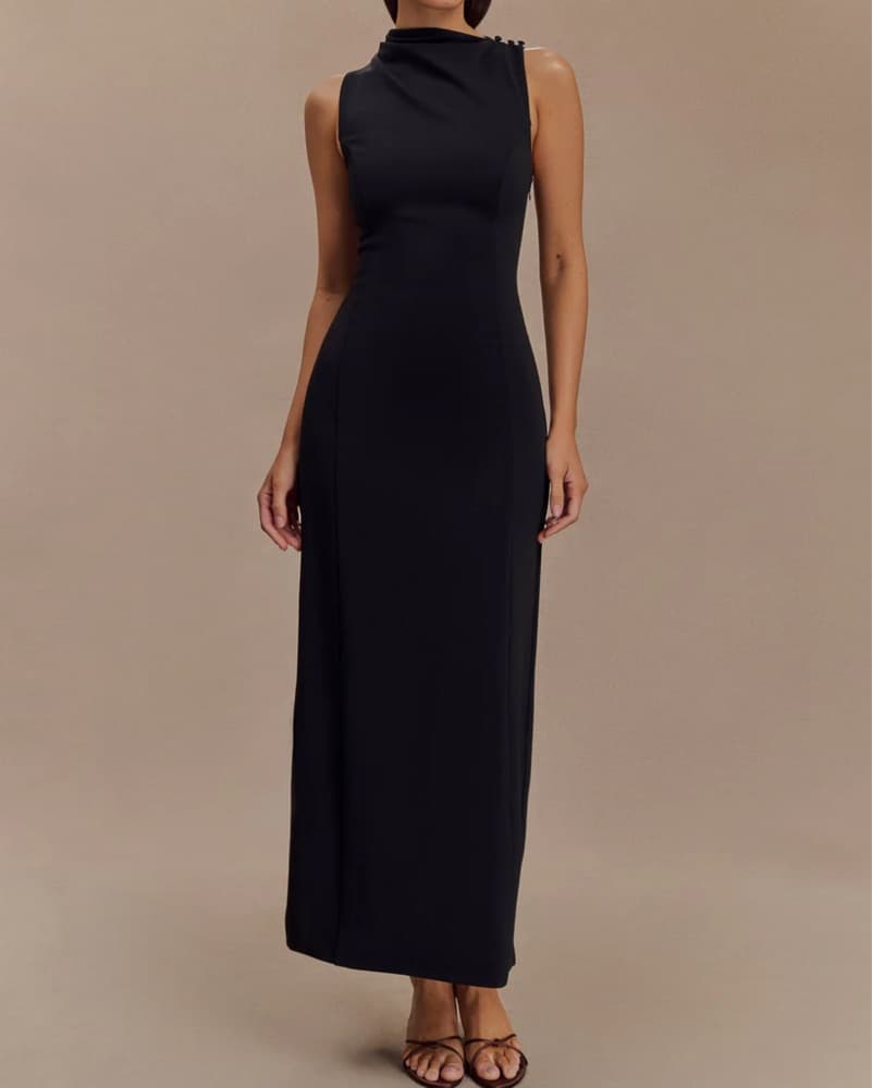 Meshki Draped Black Midi Dress - Image 1