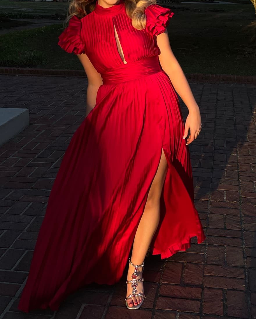 Red Mac Duggal Pleated Formal Dress - Image 5