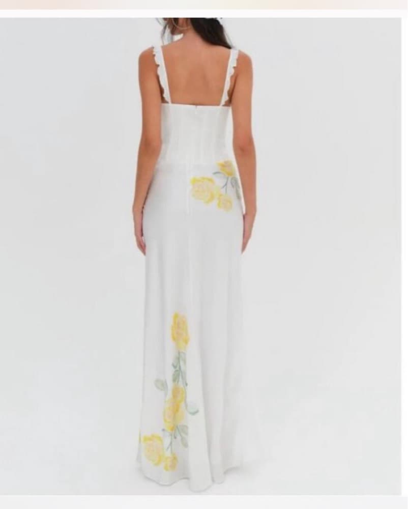 White Floral Maxi Dress with Yellow Rose - Image 2