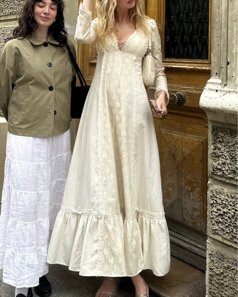 Off White Lace Up Vintage Maxi Dress - Image 1