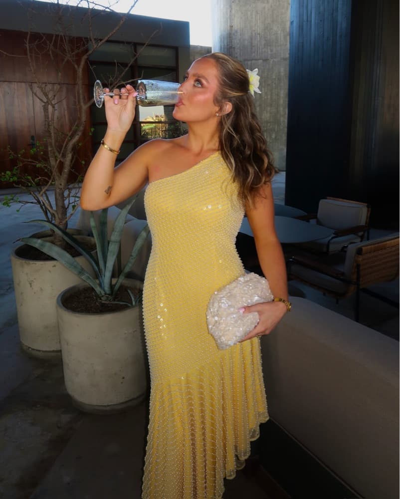 Yellow Sequin & Pearl Mac Duggal Gown - Image 3