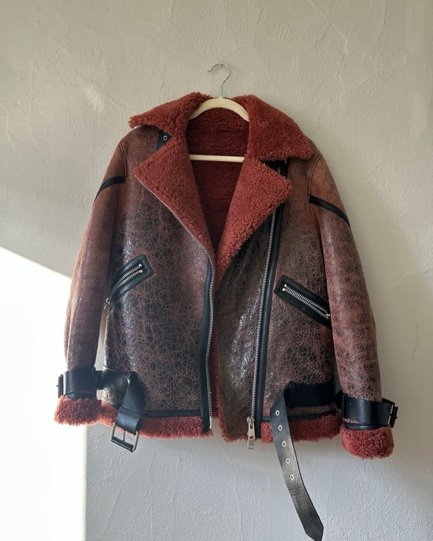 AllSaints Red Leather & Shearling Jacket - Image 3