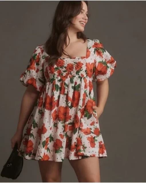 Anthropology Red Floral Babydoll Dress - Image 1
