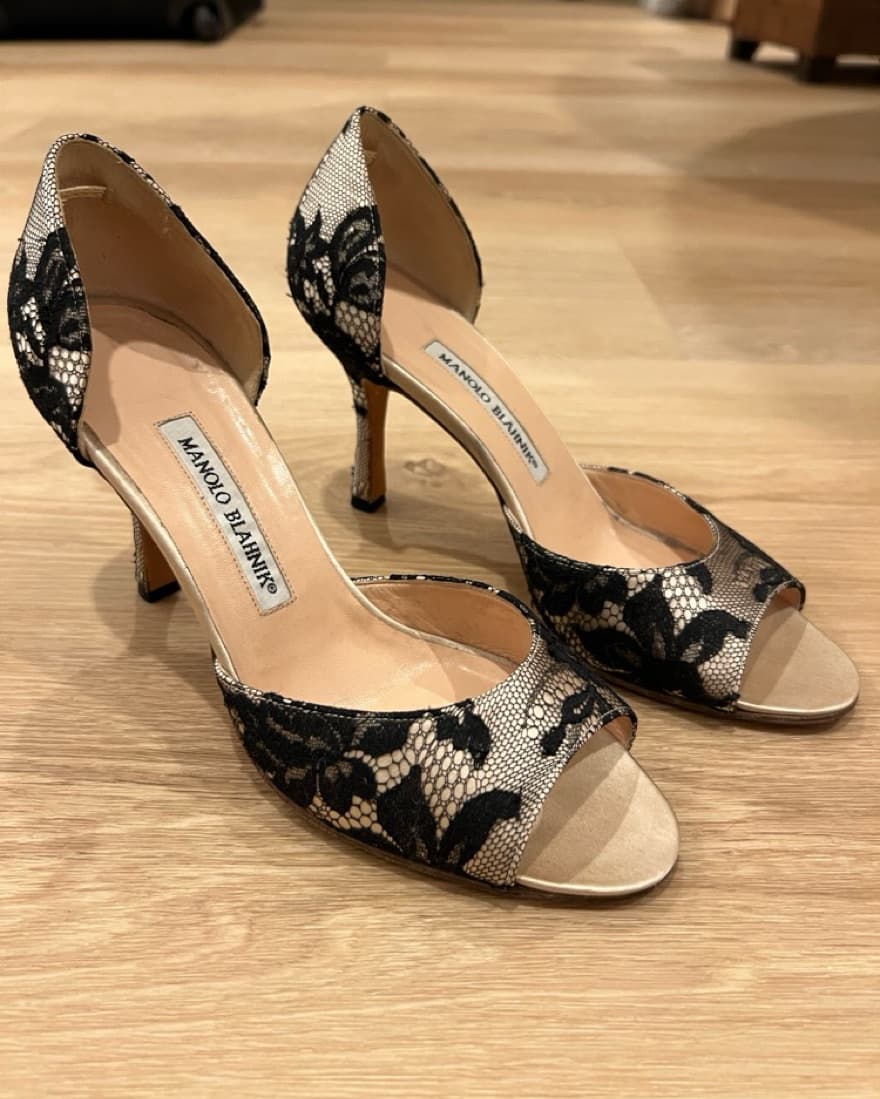 Manolo Blahnik Nude/Black Lace Heels - Image 1
