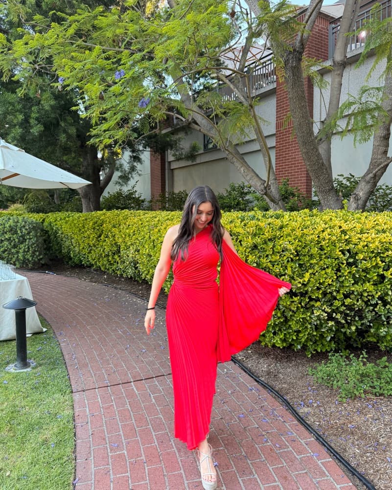 Vibrant Red Pleated Maxi Dress - Image 1