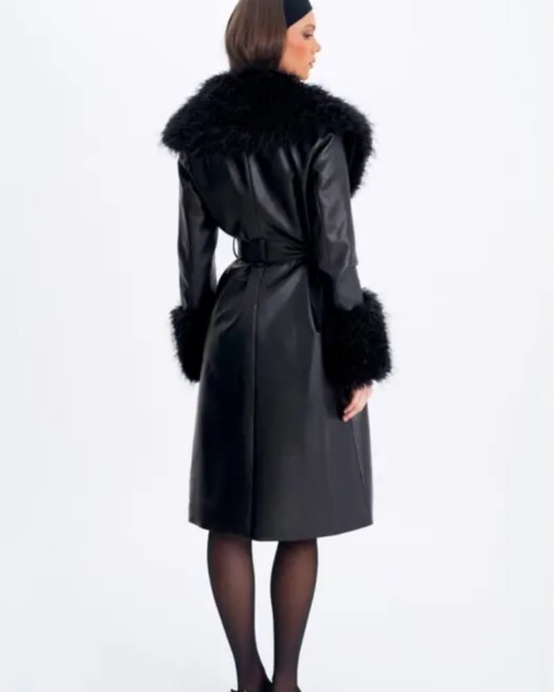 Miss Circle Faux Fur Trimmed Leather Trench Coat - Image 2