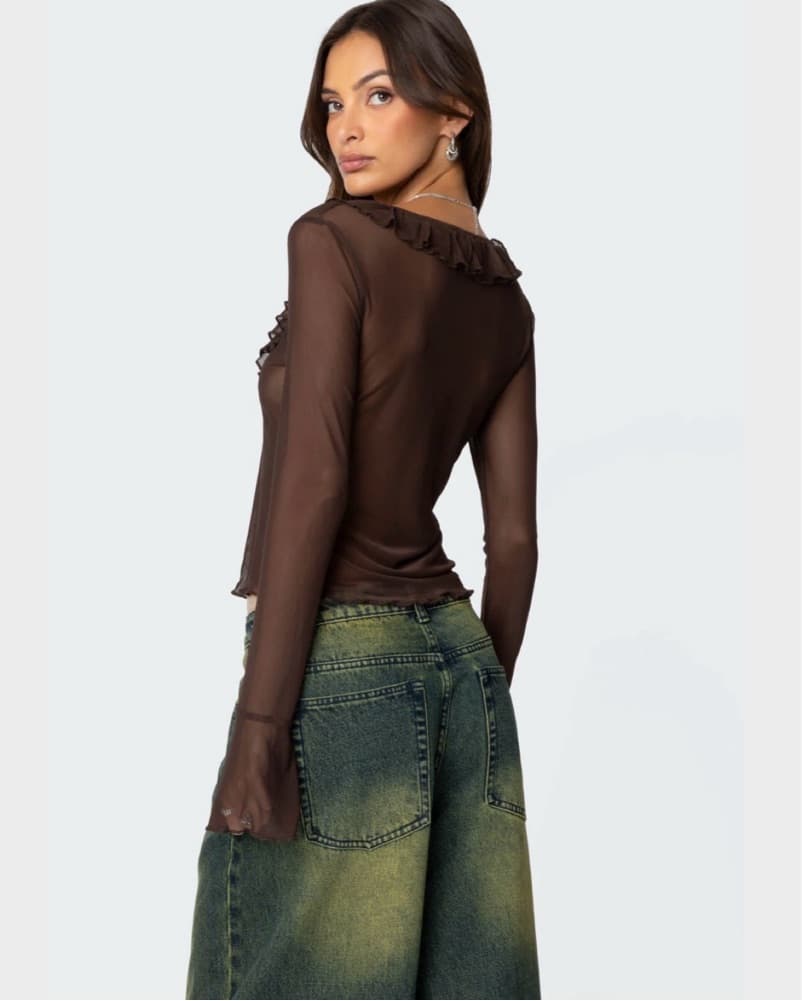 Brown Sheer Long Sleeve Top - Image 3
