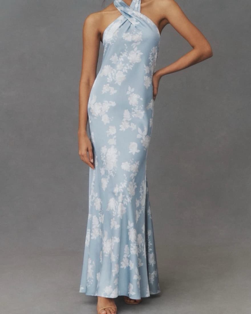 Blue And White Floral Satin Formal Dress - Image 1