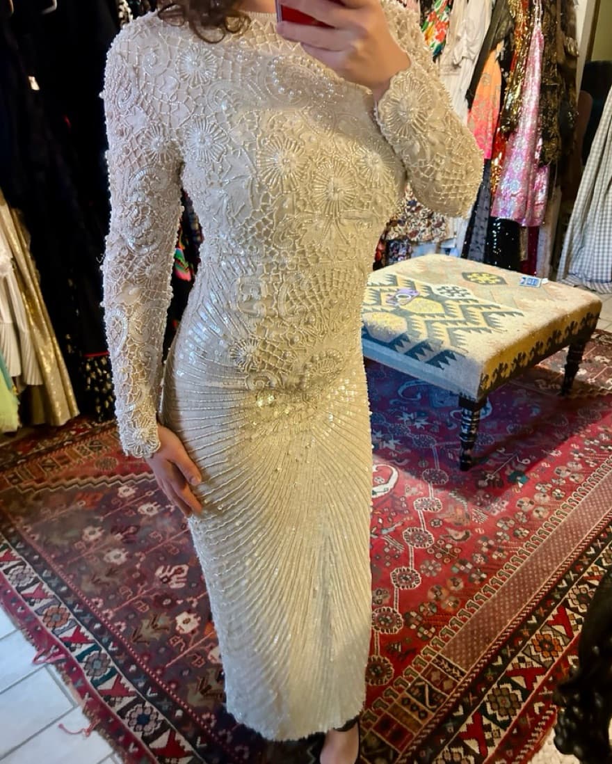 Vintage Beaded Cream Long Sleeve Gown - Image 3