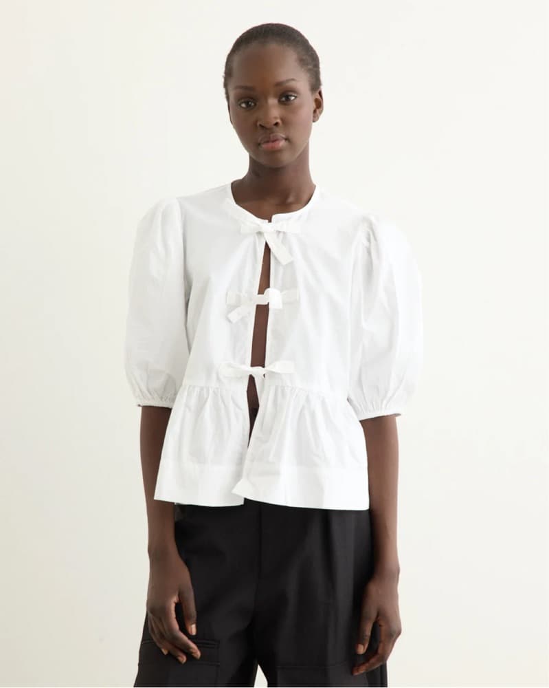 Ganni Poplin Tie Front Puff Sleeve Top - Image 2