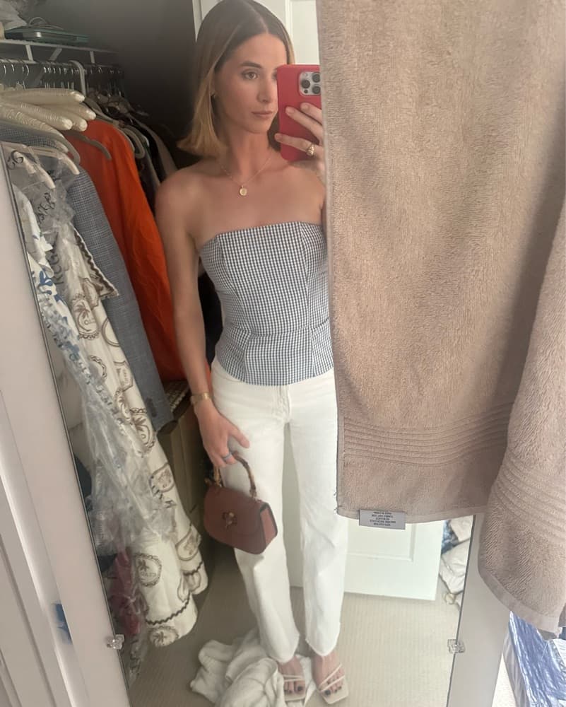 Chic Gingham Bustier Top with White Jeans - Image 1
