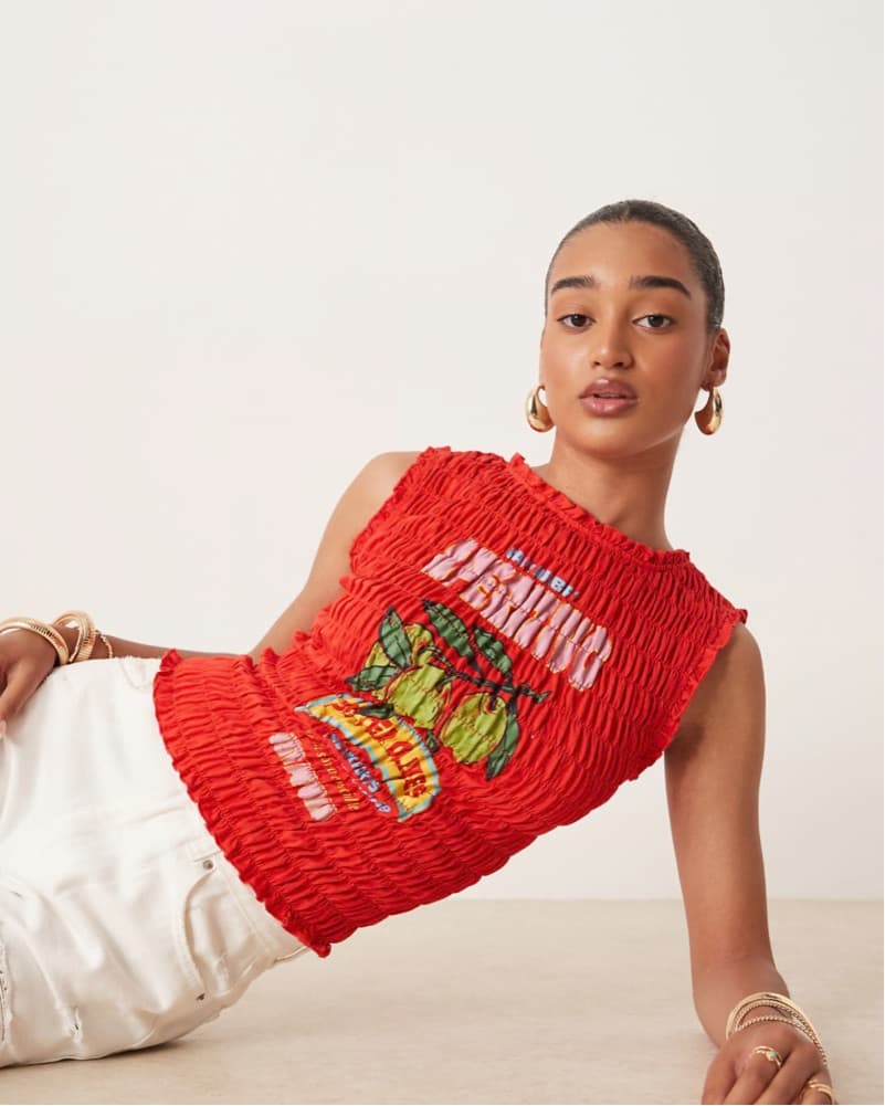 Vibrant Shirred Tropical Olive Tank Top - Image 1