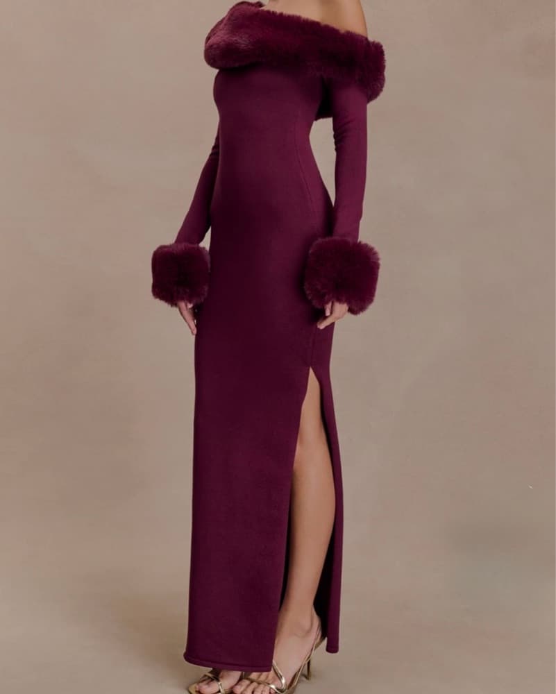 Meshki Burgundy Fur Trimmed Gown - Image 1