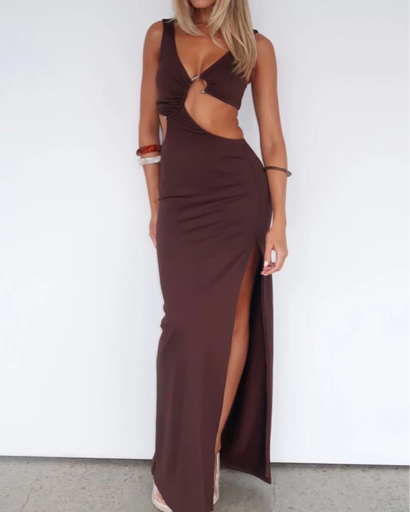 It Feels Wrong Brown Maxi Cut Out Dress - Image 1