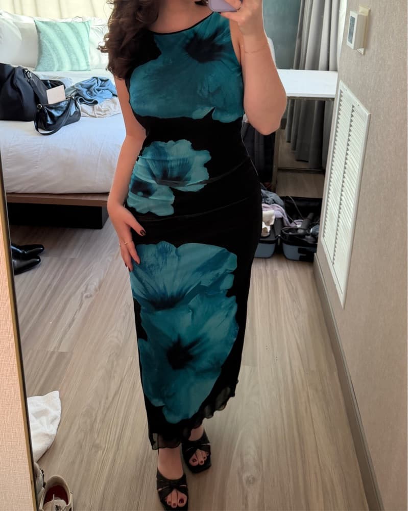 Blue And Black Floral Dress  - Image 1