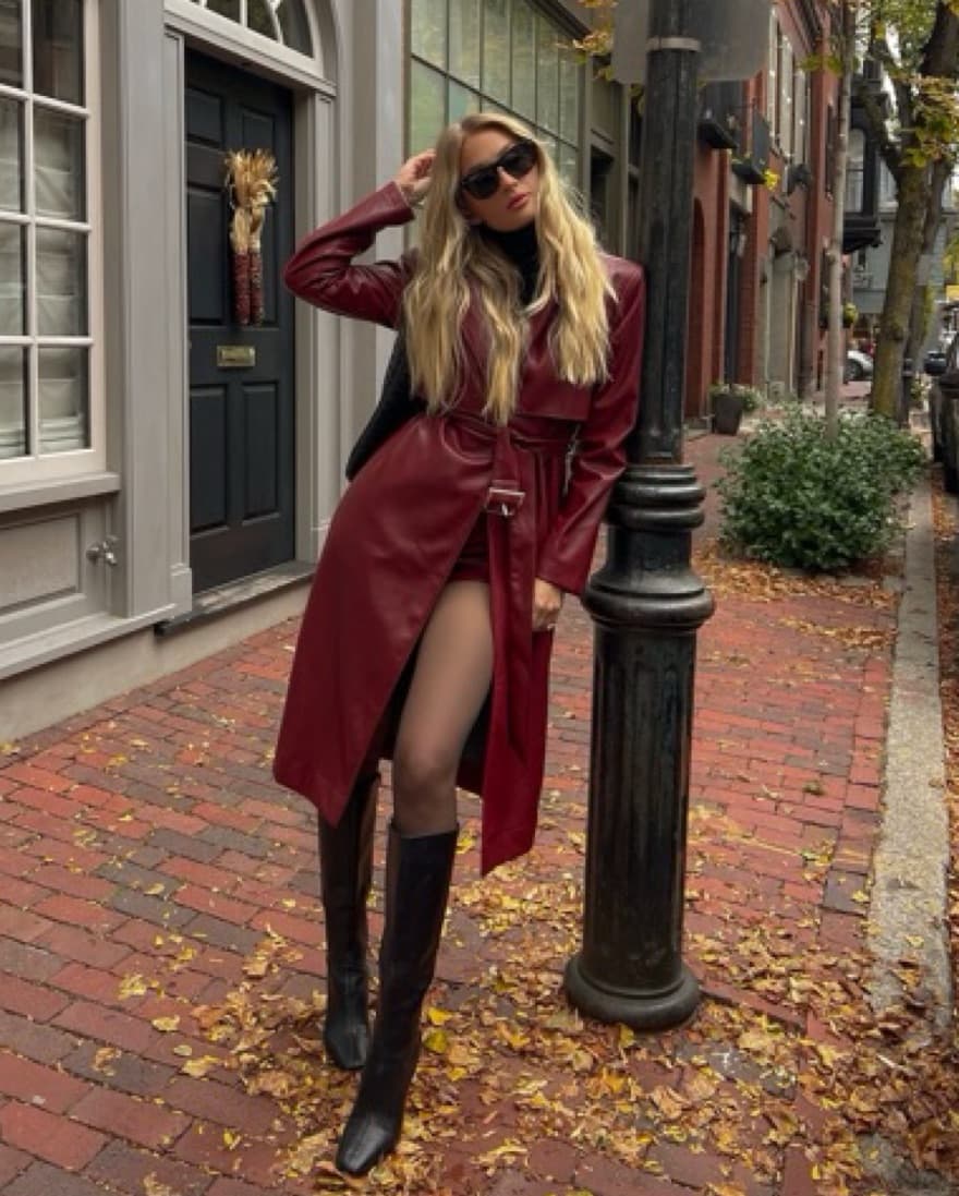 Burgundy Faux Leather Trench Coat - Image 1