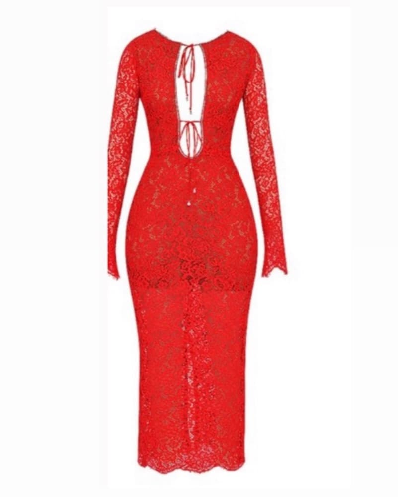 HOUSEOFCB Crystal Trim Red Lace Dress - Image 2