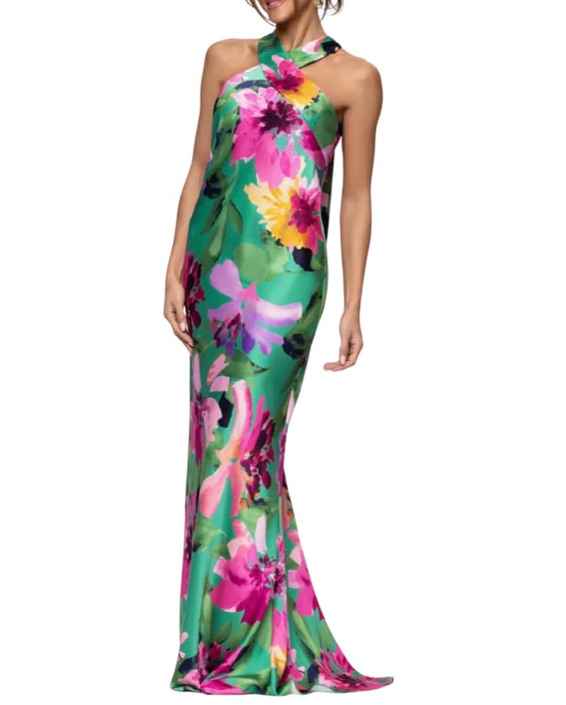 Floral Stretch Satin Column Gown - Image 3