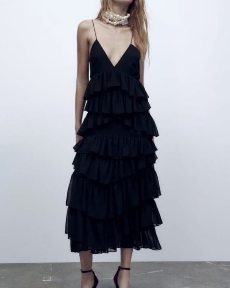 Zara Black Ruffle Midi Dress - Image 1