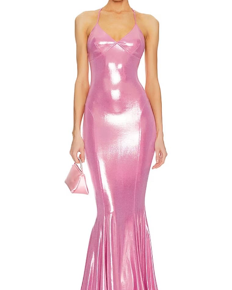 Metallic Stretch Pink Mermaid Gown - Image 1