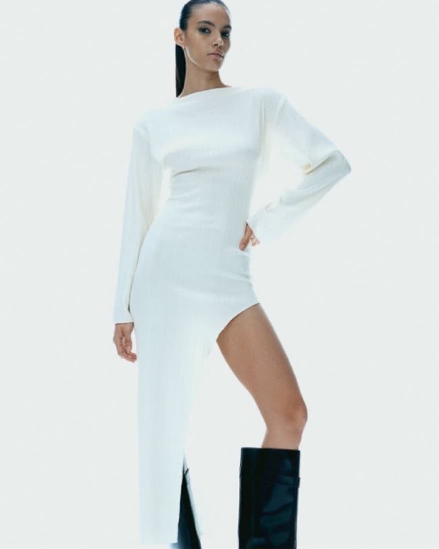 H&M Ribbed Asymmetrical White Midi Dress - Image 1
