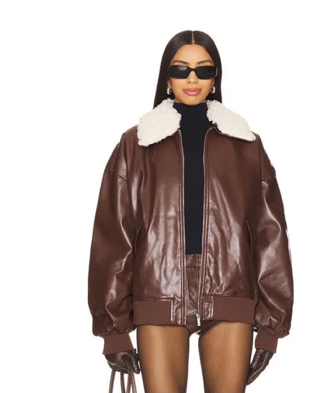 Brown Faux Leather Sherpa Collar Jacket  - Image 1