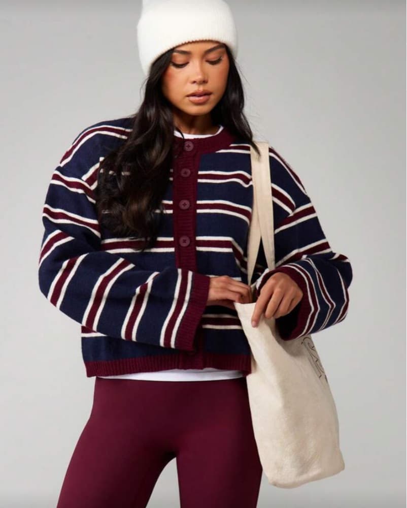 Striped Cardigan with Burgundy Accent - Image 3