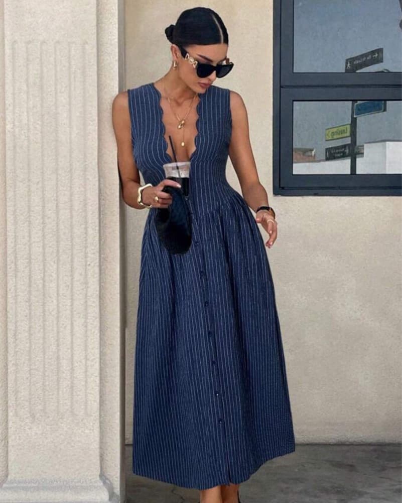 Blue Striped Drop Waste Dress  - Image 2