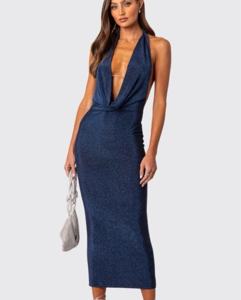 Edikted Navy Halter Maxi Dress - Image 1