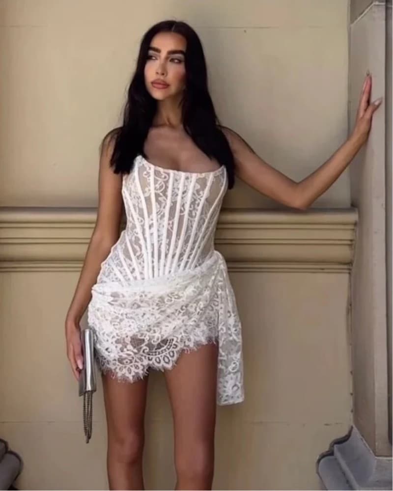  White Lace Corset  Draped Mini Dress - Image 3