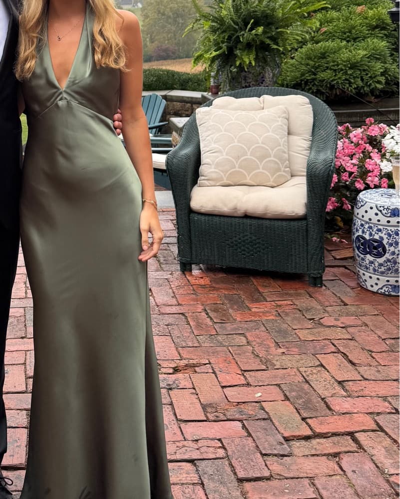 Olive Satin Halter Dress - Image 2
