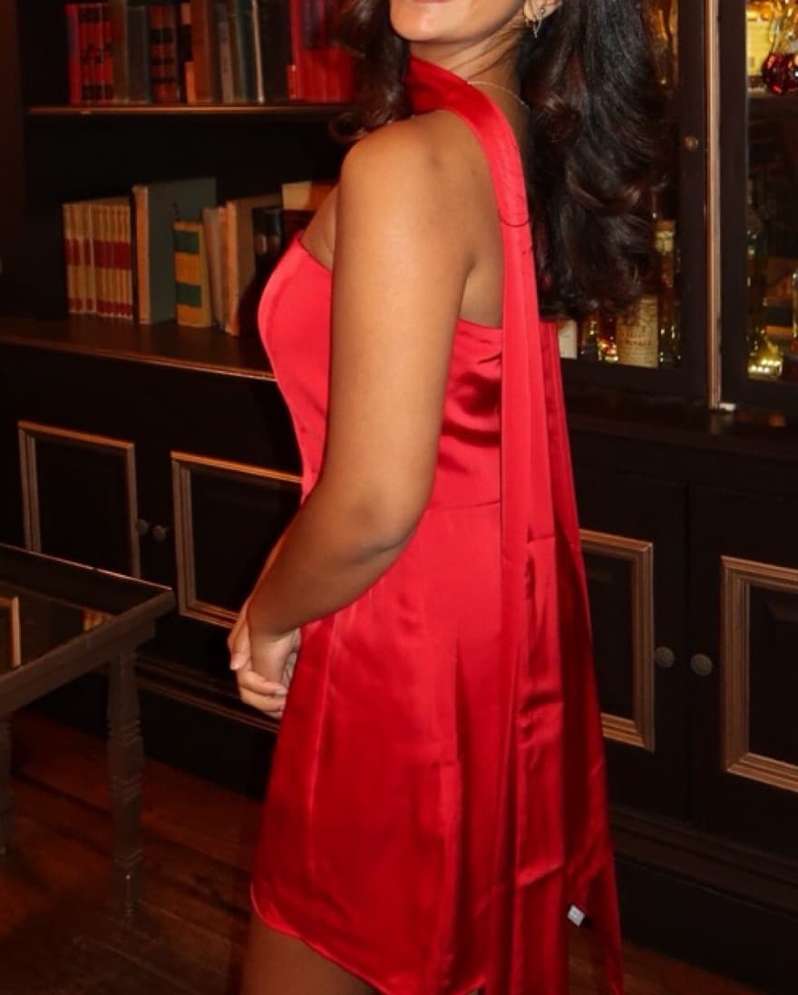  Red Satin Dress with Scarf - Image 4