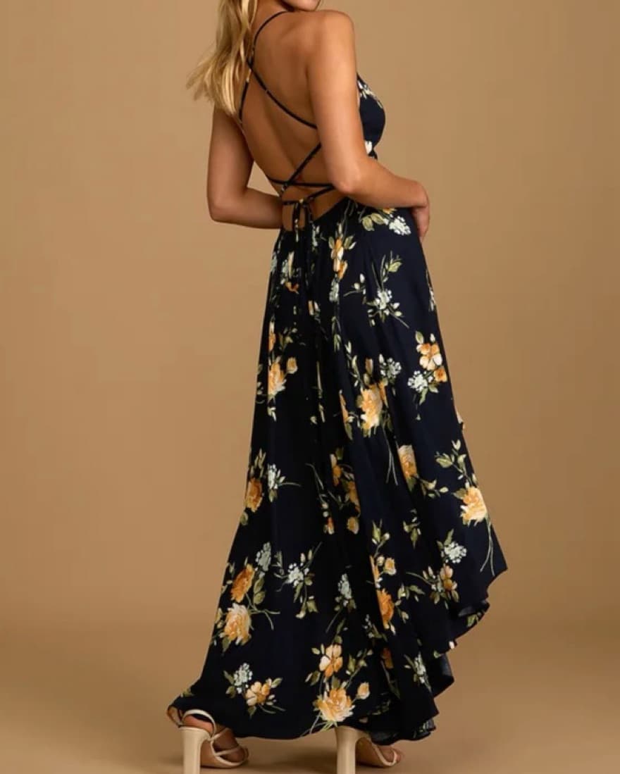 Navy Blue Floral Lace Up High-Low Dress - Image 3