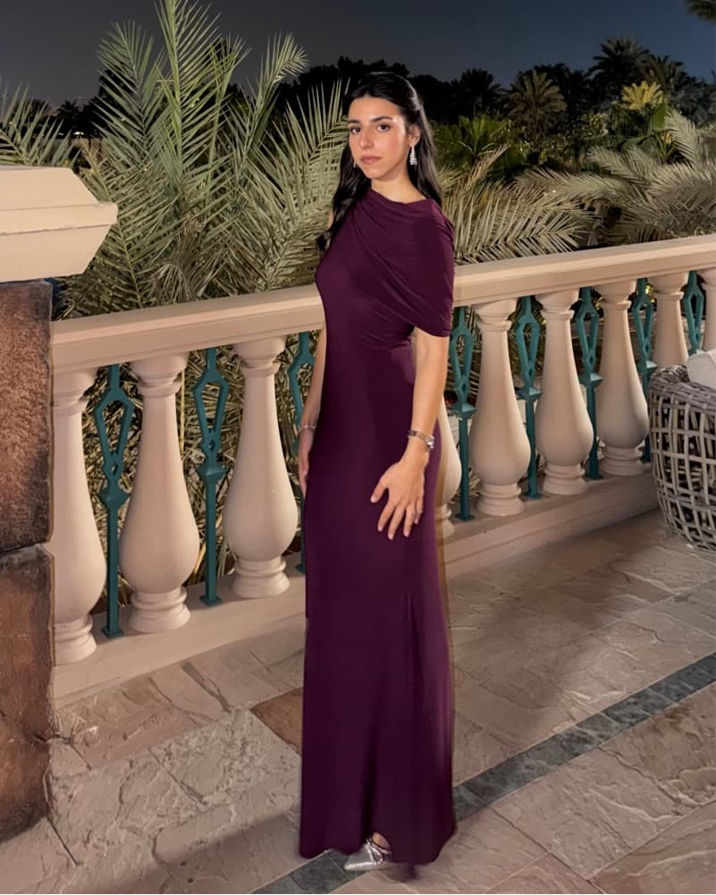Elegant Dark Plum Asymmetric-Neck Gown - Image 4