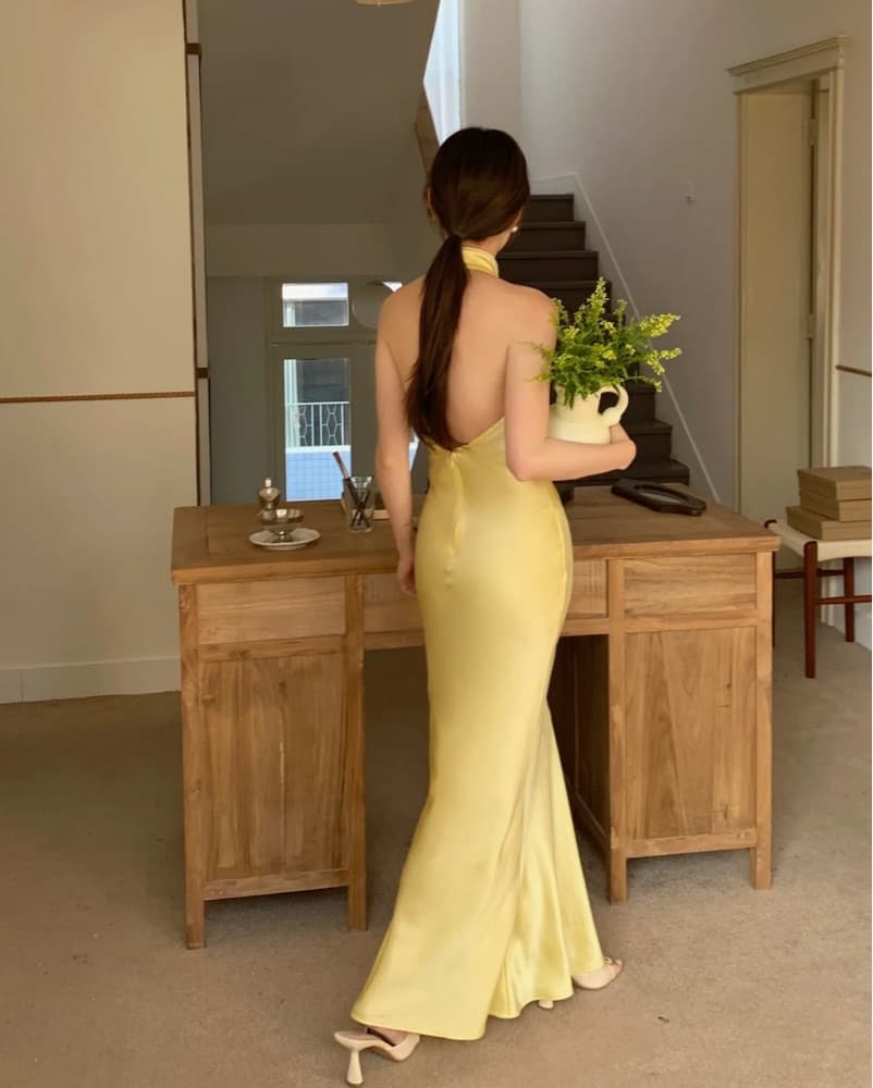 Citrine Silk Halter Qipao Maxi Dress - Image 6