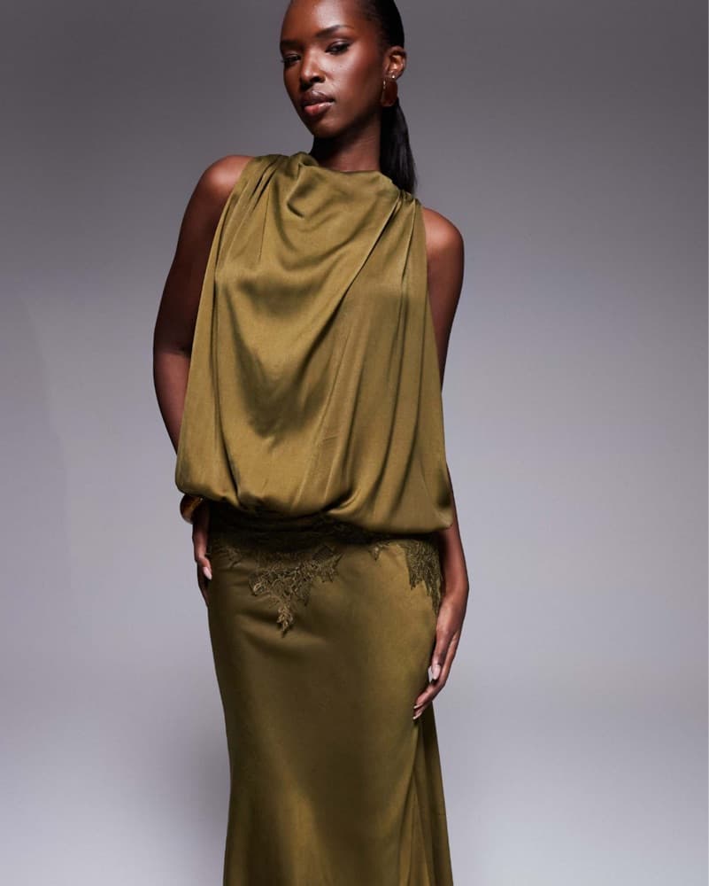 Olive Green Satin Lace High Neck Dress  - Image 2