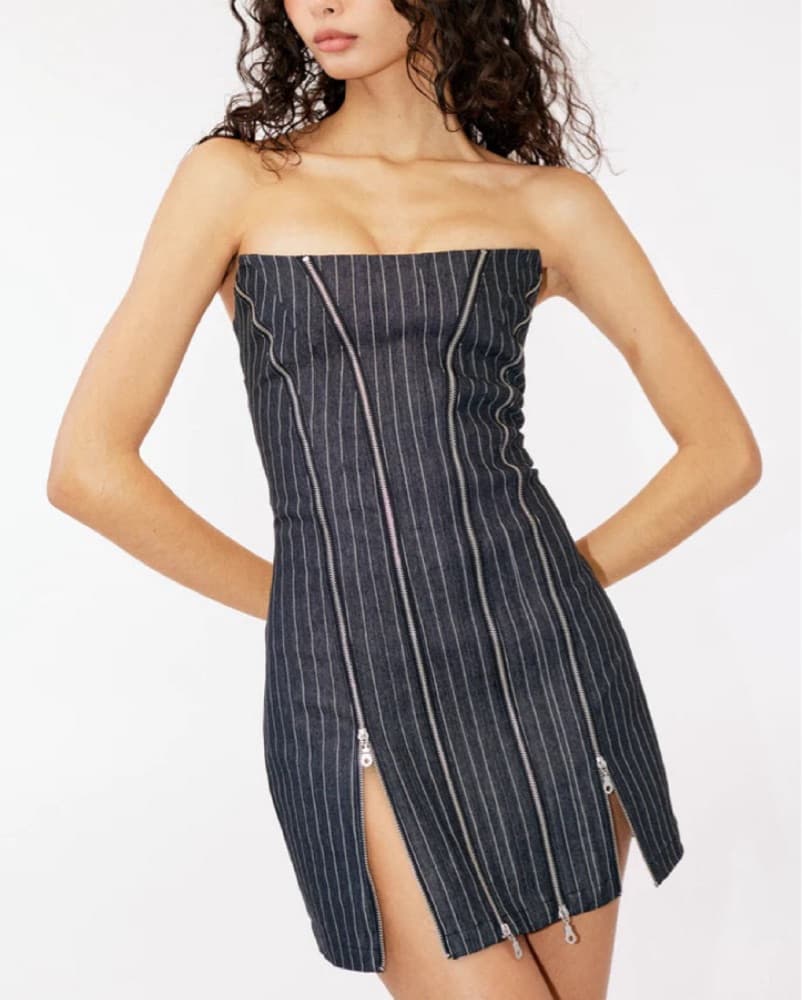 With Jean Pin Stripes Zipper Mini Dress - Image 2