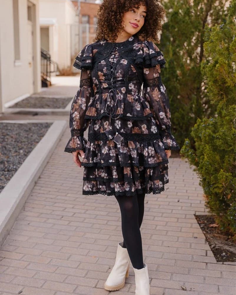 Black Floral Tiered Dress - Image 3