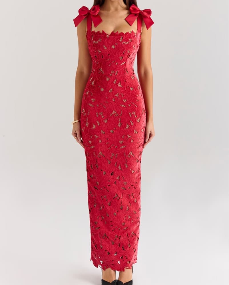 Tiff Holly Red Velvet Lace Maxi Dress - Image 1