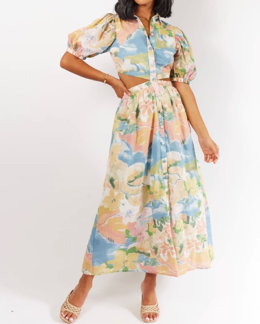 Floral Pastel Midi Dress With Cutouts - Image 1