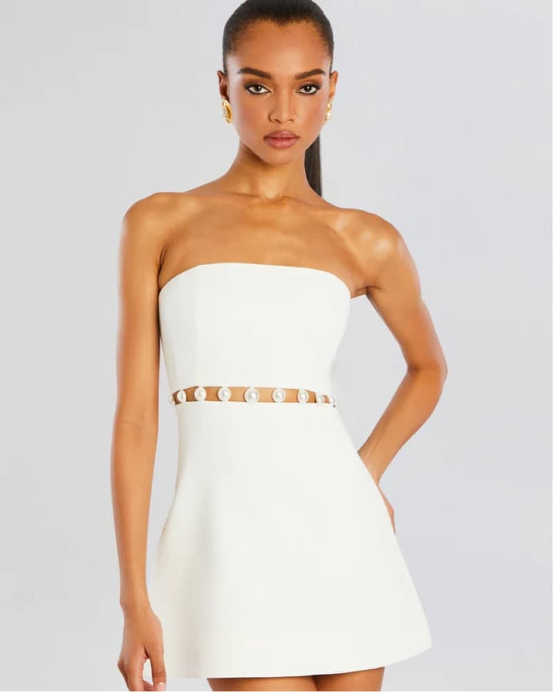 Cream Strapless Pearl Detail Mini Dress - Image 3