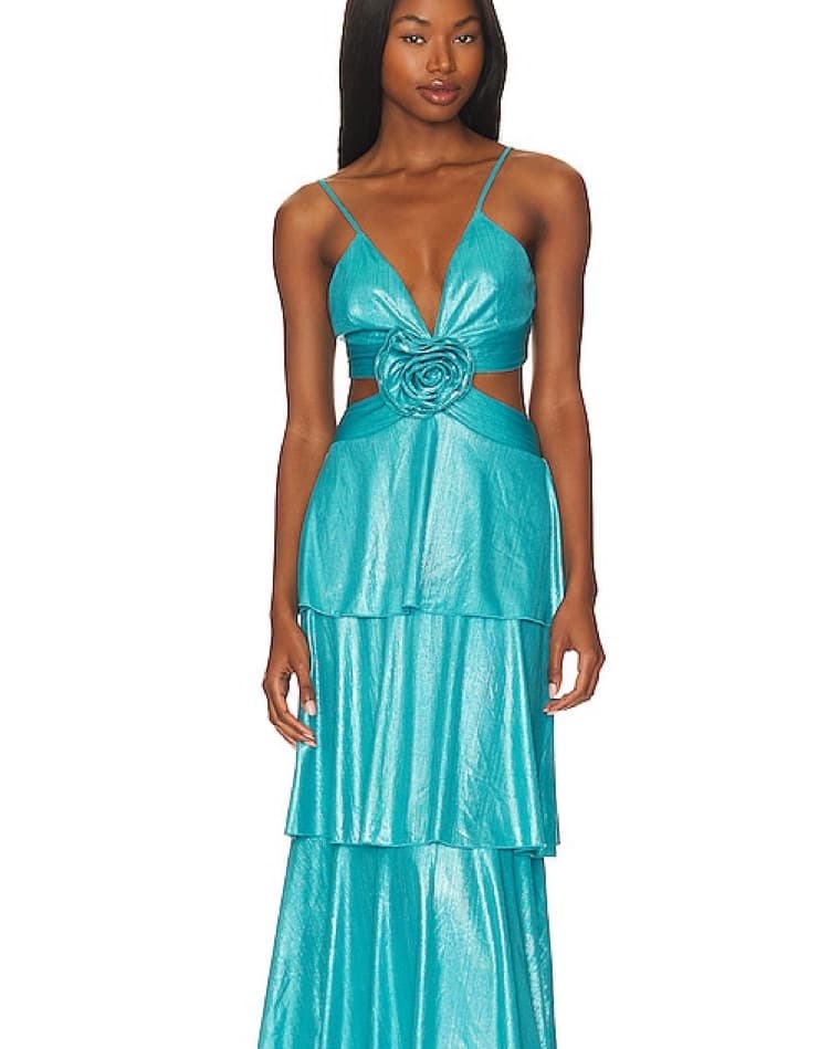 Alluring Turquoise Tiered Gown - Image 1