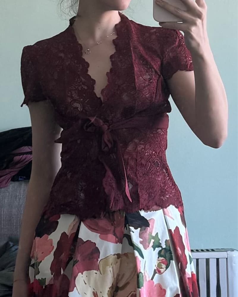 Burgundy Lace Close Tie Blouse - Image 2