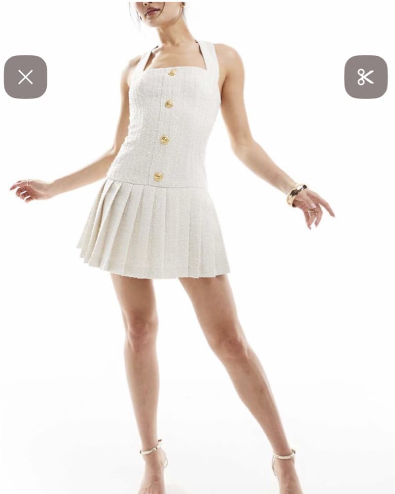 Tweed White Buttoned Halter Mini Dress - Image 2