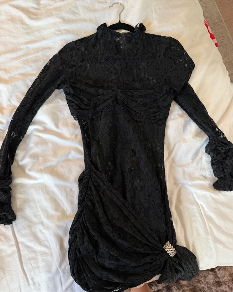 Long Sleeve Lace Mini Dress - Black  - Image 2