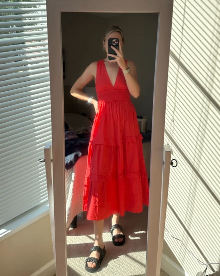 Coral Tiered Midi Dress - Image 1