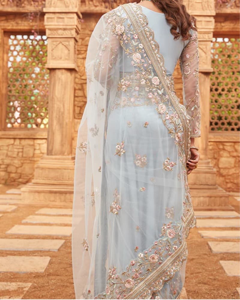 Dusty Blue Indian Sari/Saree - Image 2