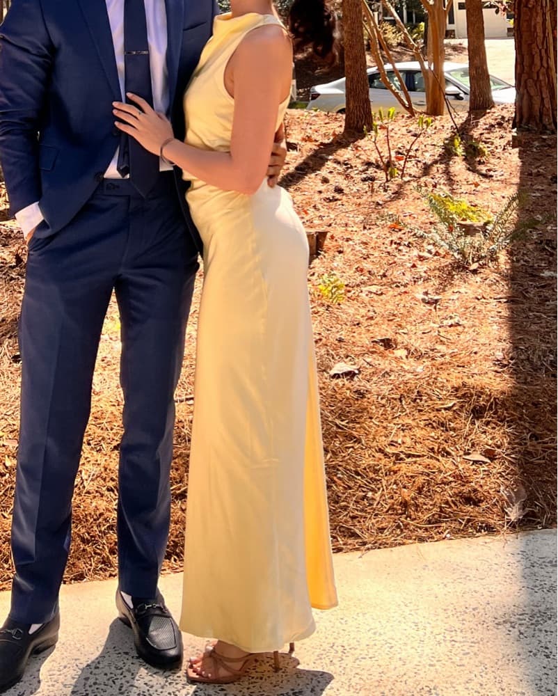 Cross Back Yellow Wedding Guest Dress - Image 2