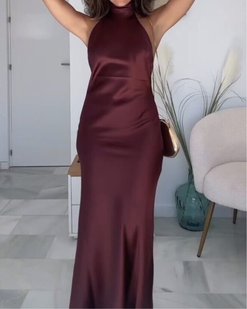 Silk Burgundy Halter Gown With Open Back - Image 2