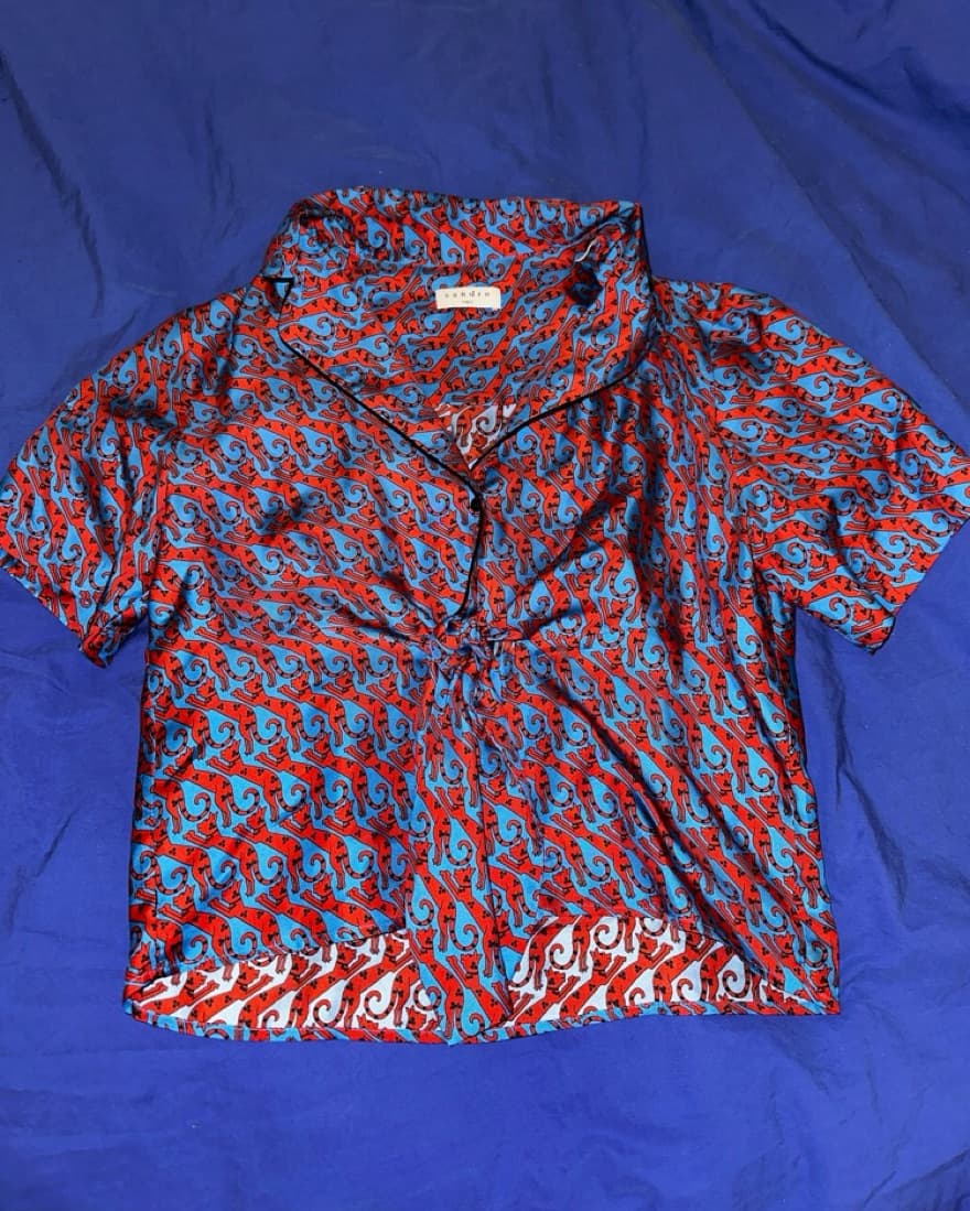 Sandro Red/Blue Silk Top With Bow - Image 1
